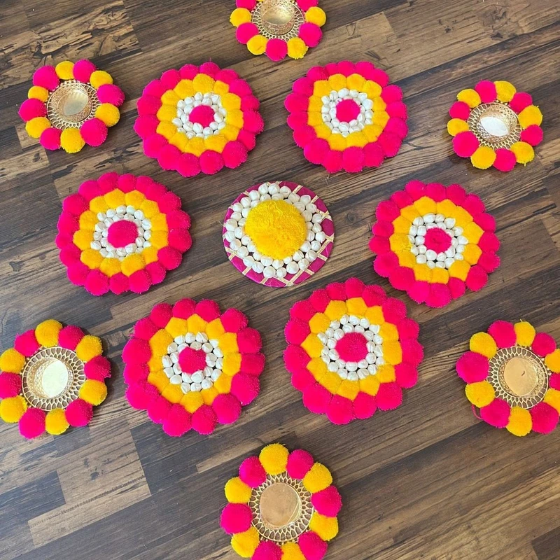 Multi Colour Pom Pom Rangoli with T-light