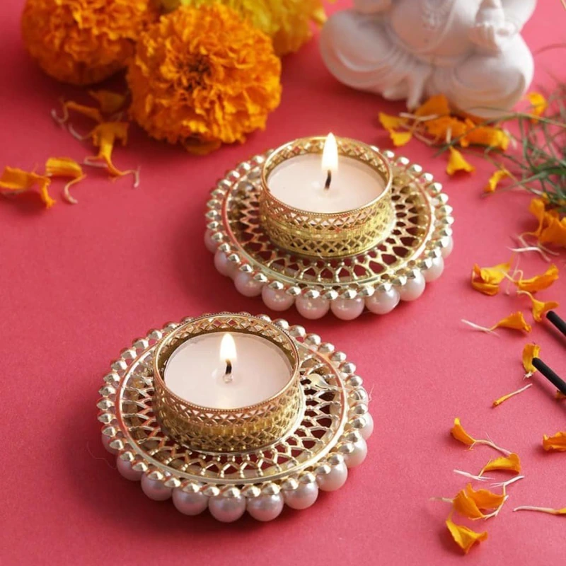 Set of 2 Golden Pearl T-Lights