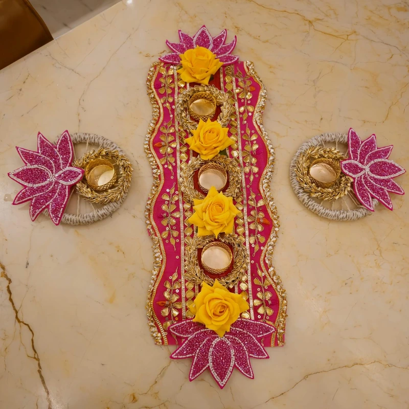 Lotus Rose Gota Patti Table Runner with T-Lights