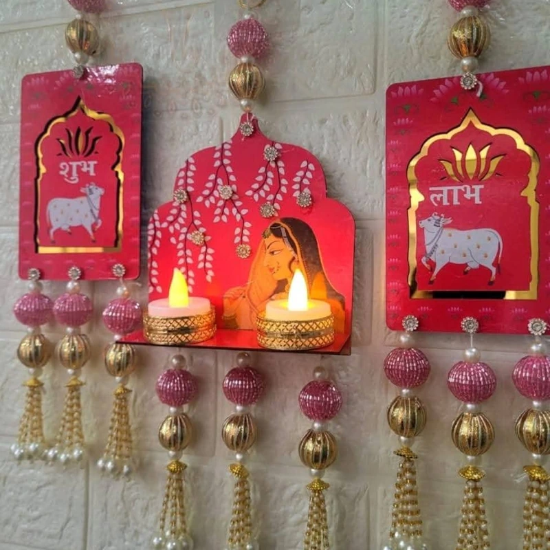 Pink Jharokha Shubh Laabh Wall Hanging with T-Lights