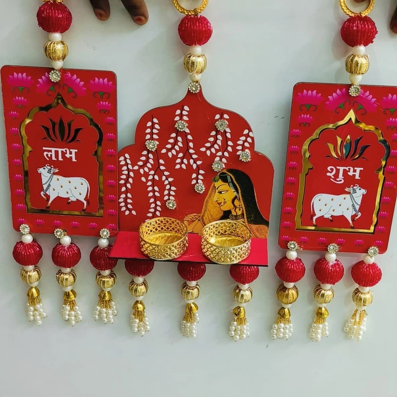 Red Jharokha Shubh Laabh Wall Hanging with T-Lights