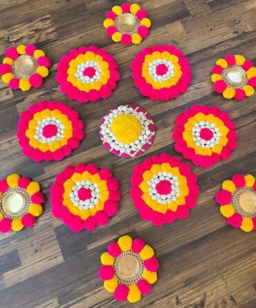 Multi Colour Pom Pom Rangoli with T-light