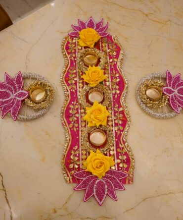 Lotus Rose Gota Patti Table Runner with T-Lights